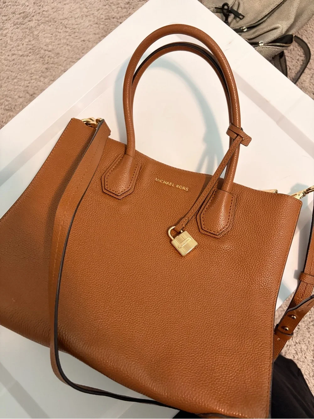 Michael Kors Cognac Pebbled Leather Satchel with Gold Hardware